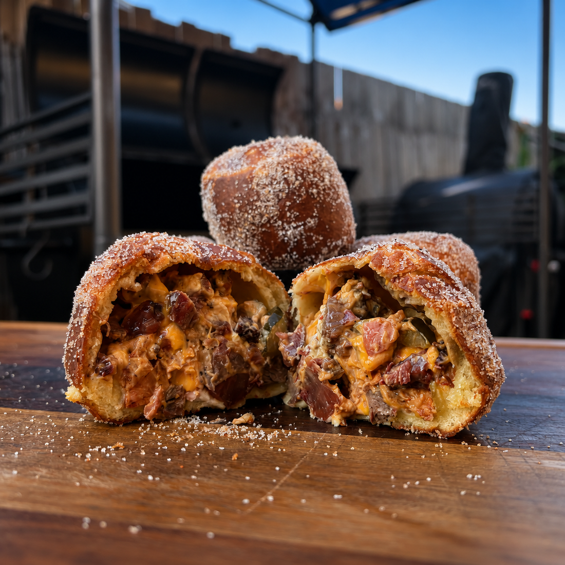 Bacon BBQ cheeseburger doughnut filled with smoked beef, bacon and melted cheese