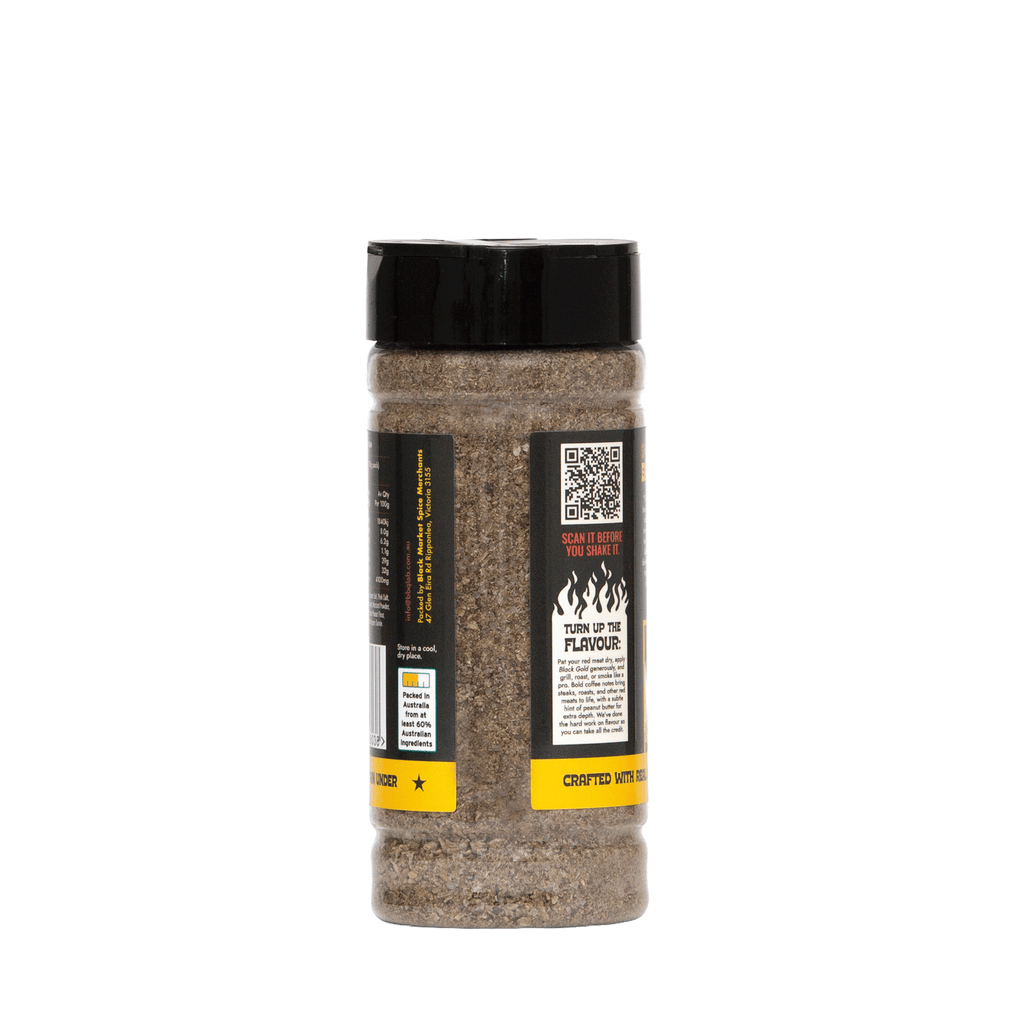 Back label of BBQ LAB Black Gold beef rub showing product information and QR code