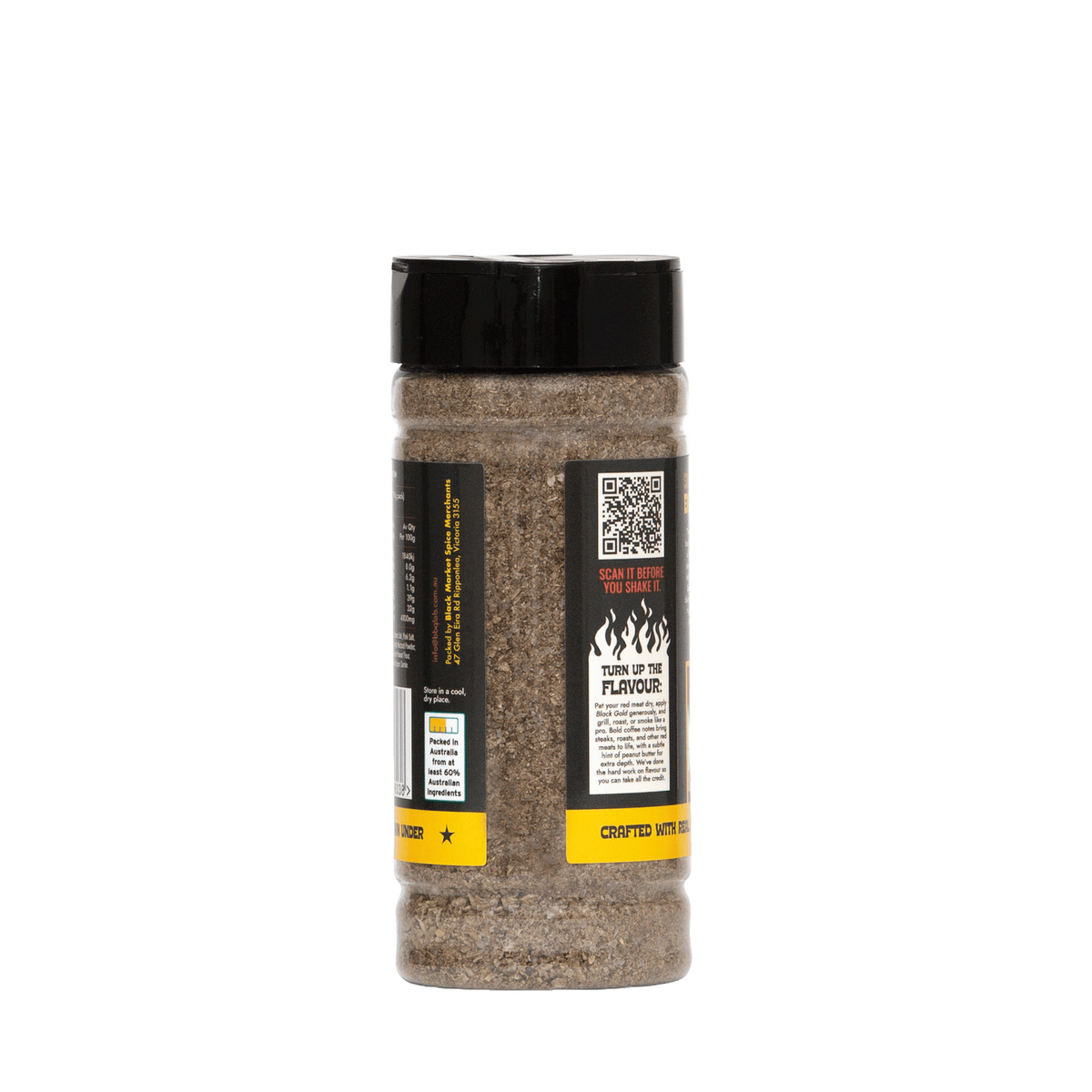 Back label of BBQ LAB Black Gold beef rub showing product information and QR code