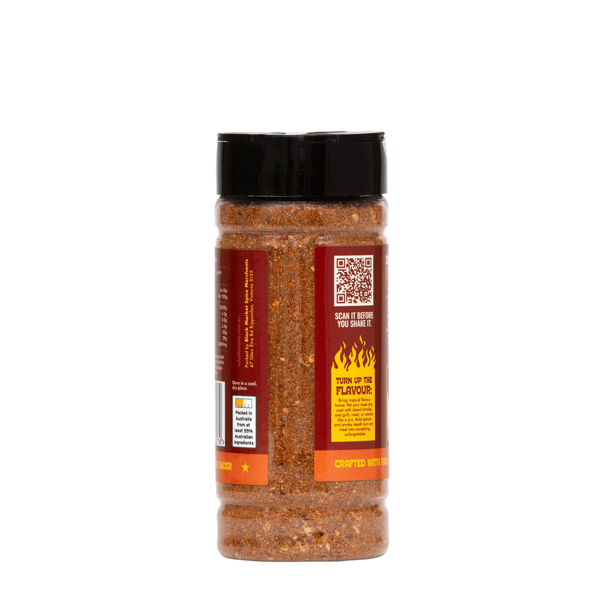 Back and side label of BBQ LAB Island Smoke BBQ rub bottle showing product information and QR code
