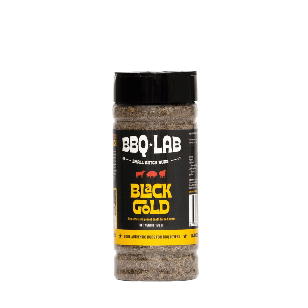 BBQ LAB Black Gold coffee and peanut butter beef BBQ rub, 190g bottle