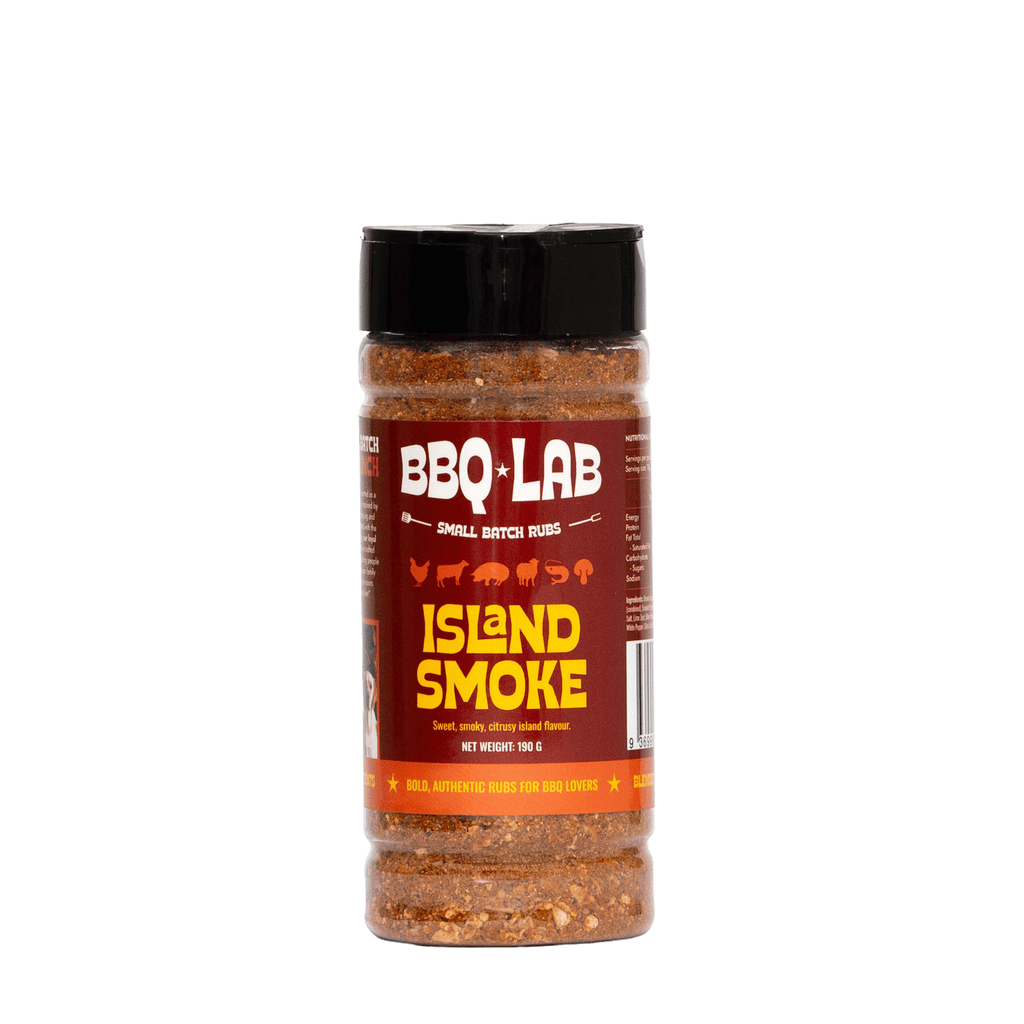 Jar of BBQ Lab Island Smoke seasoning on a white background