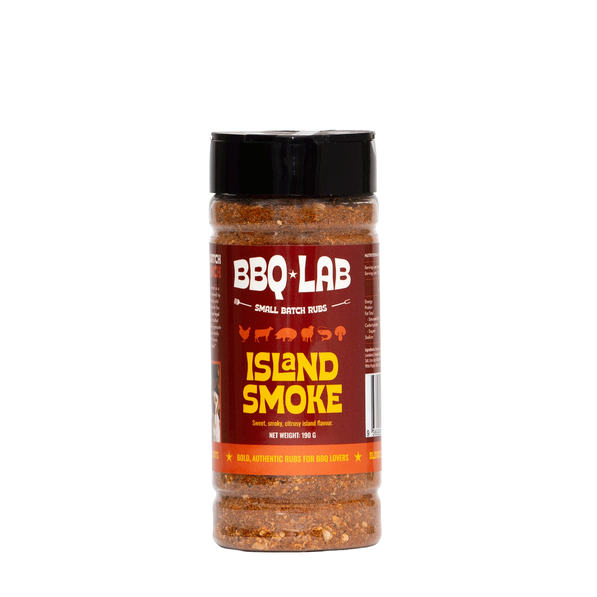 Jar of BBQ Lab Island Smoke seasoning on a white background