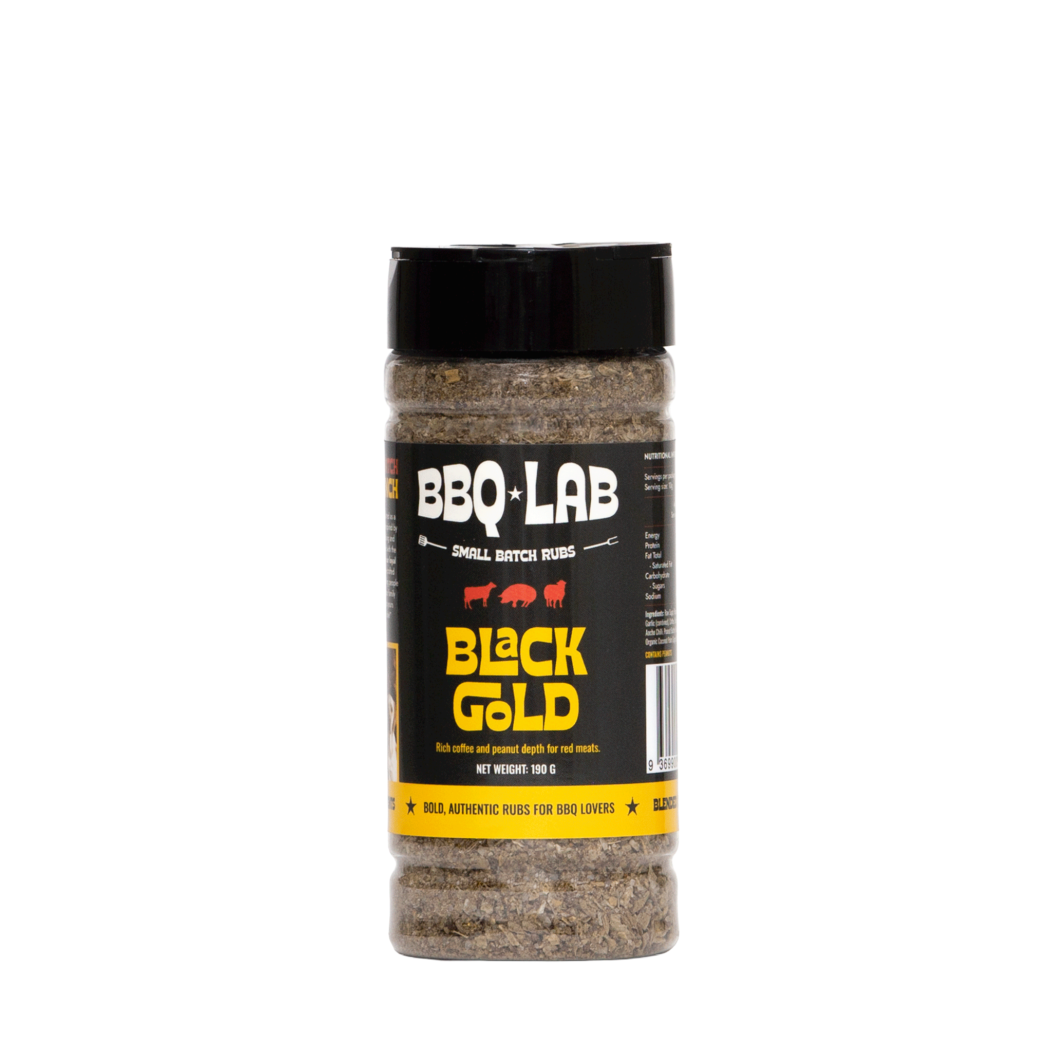 Jar of BBQ Lab Black Gold seasoning on a white background