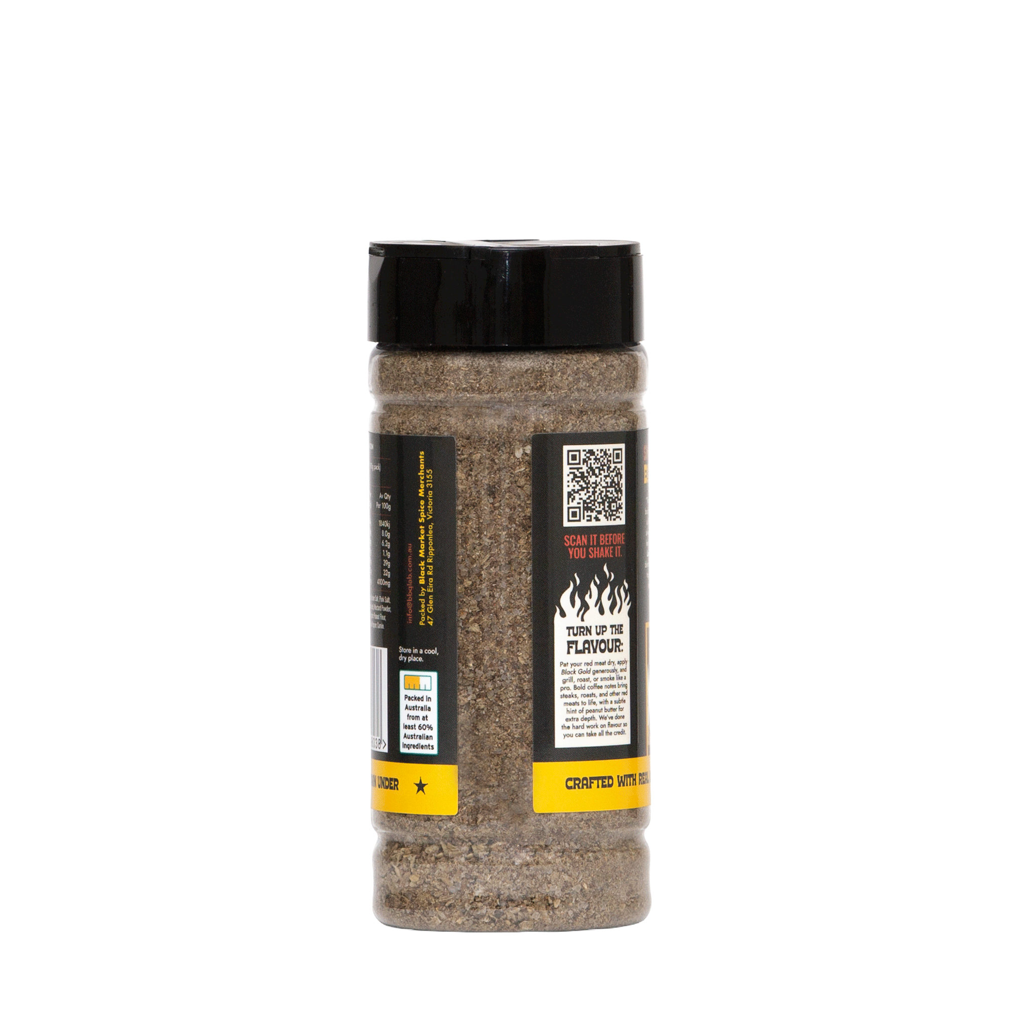 BBQ LAB Black Gold jar with a black lid and label on a white background showing it's granule size 