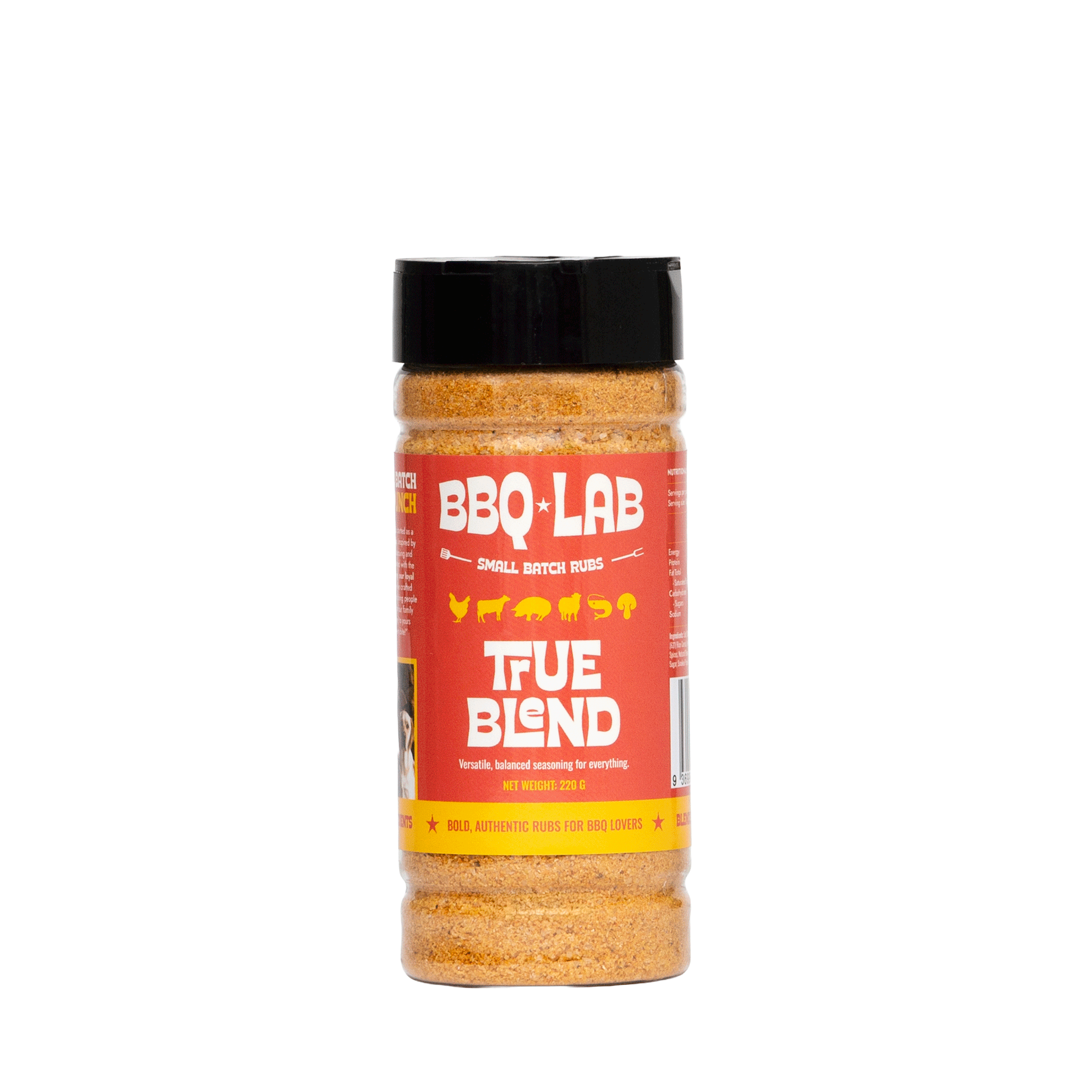 Jar of BBQ Lab True Blend seasoning on a white background