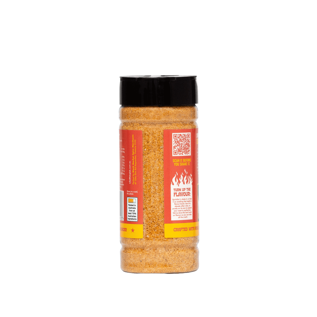 BBQ LAB True Blend jar with a black lid and label on a white background showing it's granule size 