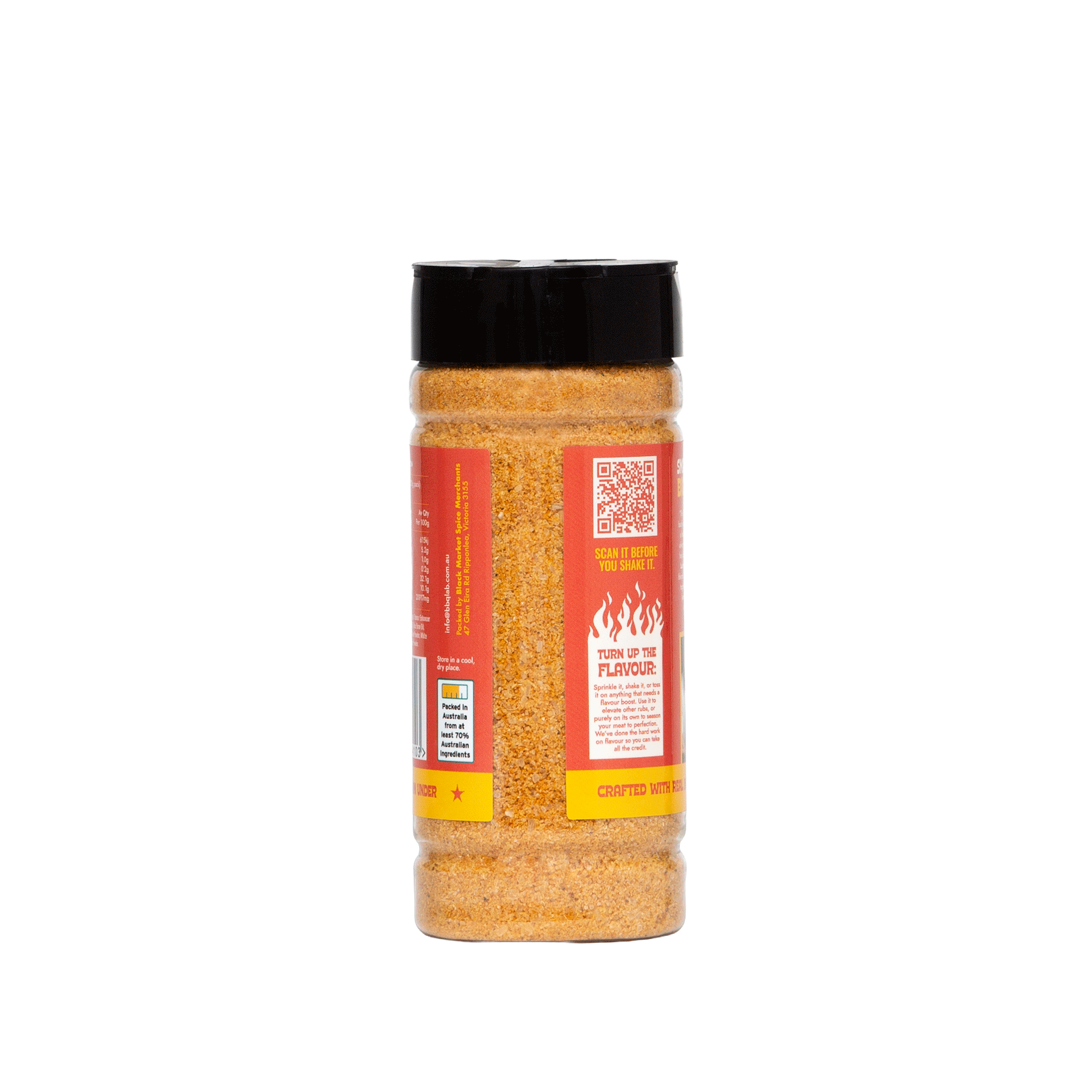 BBQ LAB True Blend jar with a black lid and label on a white background showing it's granule size 