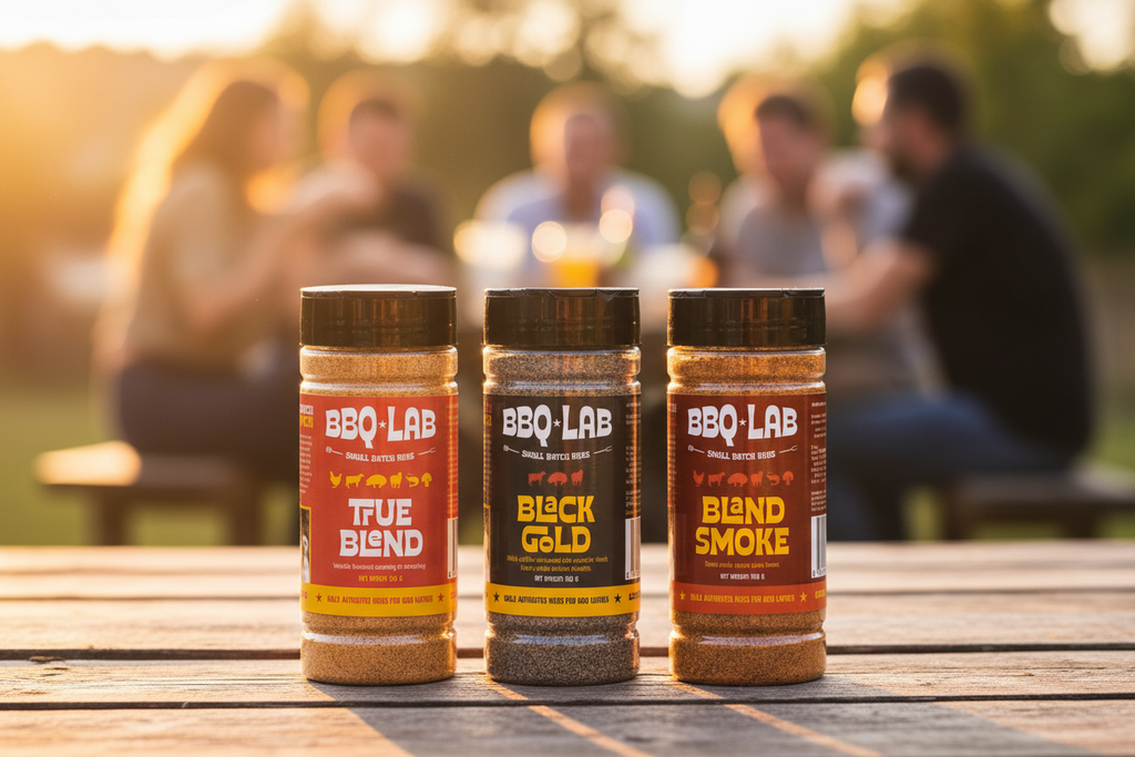 Three BBQ LAB small-batch rubs on a wooden table outdoors at sunset: True Blend, Black Gold, and Bland Smoke, with people enjoying drinks blurred in the background.