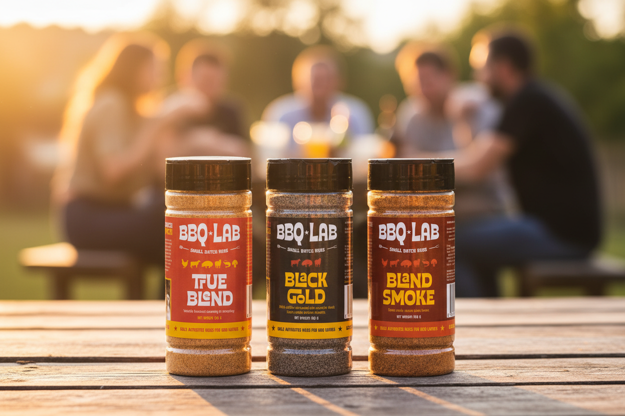 Three BBQ LAB small-batch rubs on a wooden table outdoors at sunset: True Blend, Black Gold, and Bland Smoke, with people enjoying drinks blurred in the background.