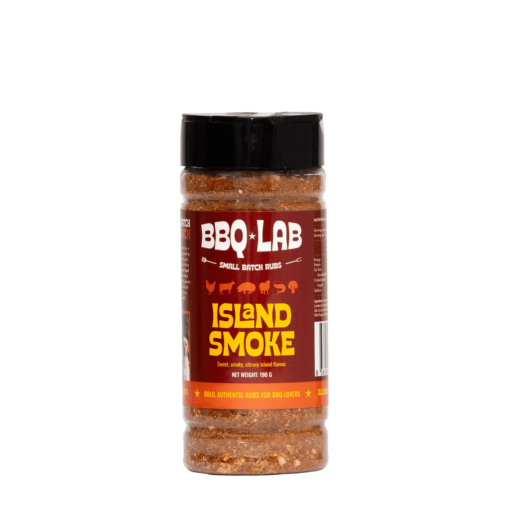 BBQ LAB Island Smoke BBQ rub, 190g bottle with red and yellow label