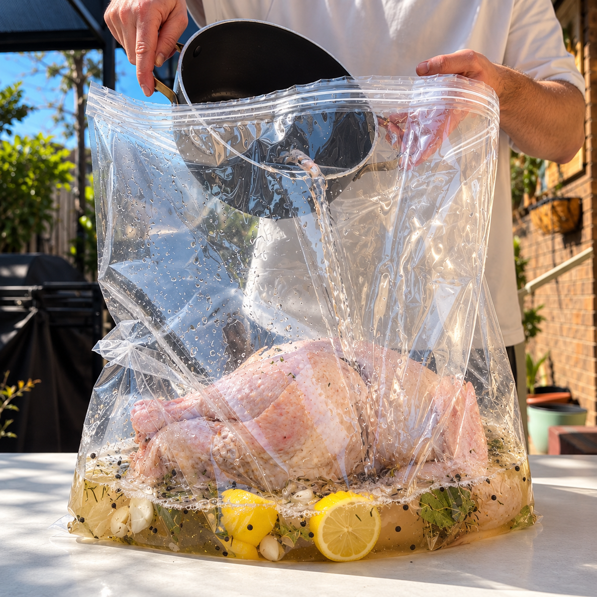 A person outdoors pours liquid into a large clear brining and marinating bag containing a whole raw turkey for Christmas, herbs, garlic, and lemon slices, set on a table in a backyard setting.