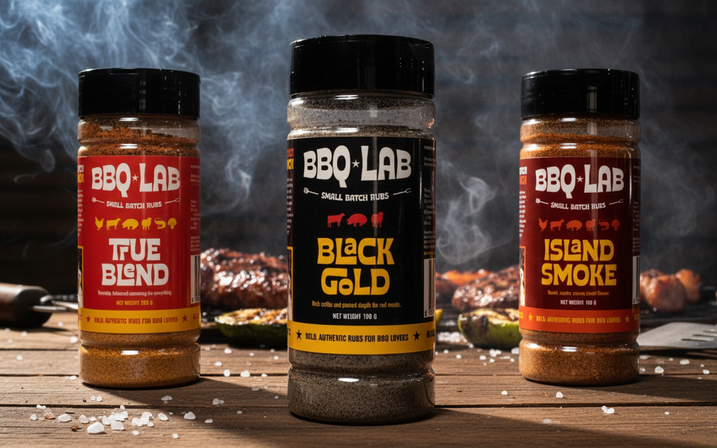 Three BBQ Lab seasoning jars (Island Smoke, Black Gold, True Blend) on a rustic wooden table, coarse salt scattered around, grilled vegetables and meats blurred in the background, gentle smoke rising, warm natural lighting, focus on the jars.