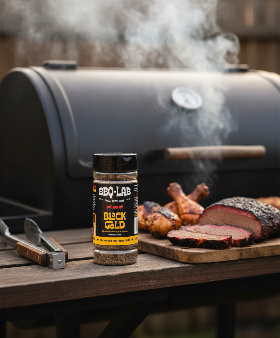 BBQ Lab Black Gold rub jar on a wooden table with smoked brisket, chicken legs, and tongs, offset smoker in the background with rising smoke, premium smoky BBQ seasoning.