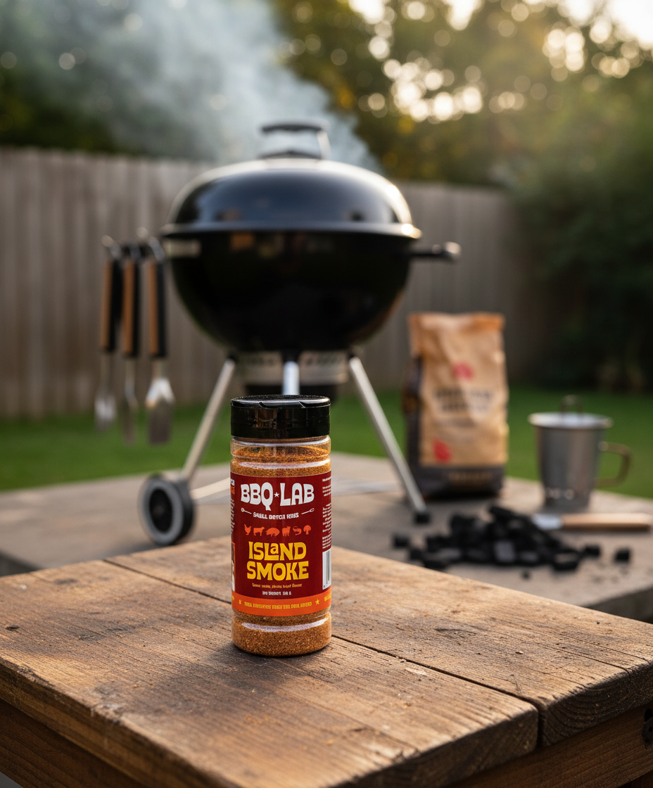 BBQ Lab Island Smoke seasoning jar sitting on a wooden bench with tongs and a bag of charcoal nearby, a kettle BBQ smoking in the background, green grass and trees behind, sunlight filtering through, showcasing a premium smoky-sweet Caribbean-inspired BBQ rub perfect for grilling and smoking meats.