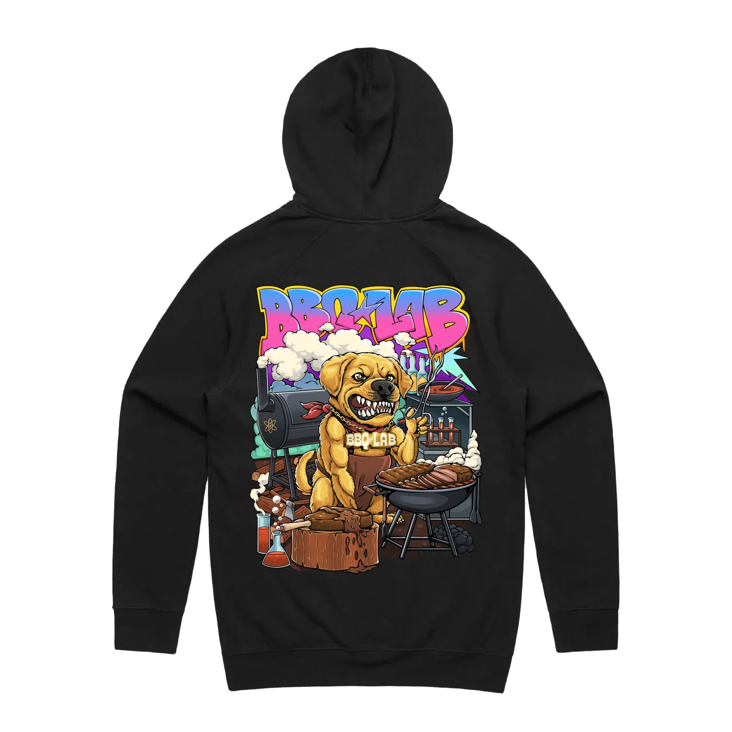 BBQ LAB Signature Hoodie Black Back View Featuring George Chief Taste Tester Graphic