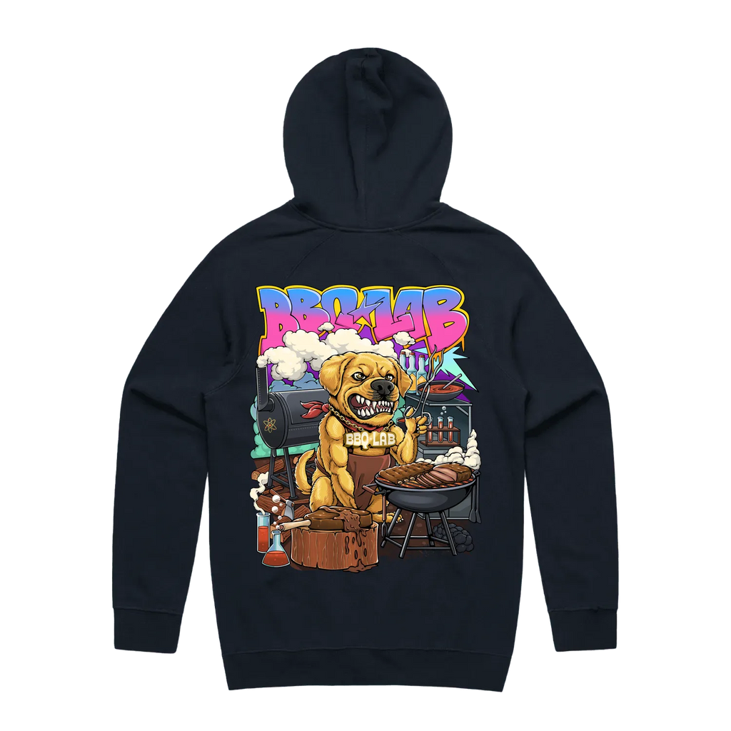 BBQ LAB Navy BBQ Hoodie with George Chief Taste Tester Back Graphic
