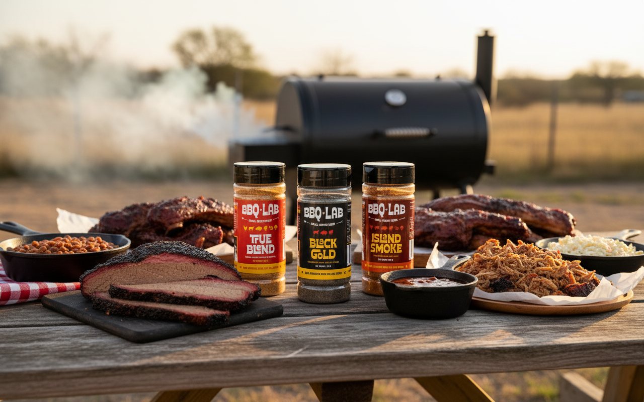 Three BBQ Lab seasoning jars—True Blend, Island Smoke, and Black Gold—sitting on a large wooden picnic bench, surrounded by smoked brisket, pulled pork, ribs, baked beans, coleslaw, BBQ sauce, and red-and-white chequered napkins, with an offset smoker in the background and open fields beyond, showcasing premium smoky, sweet, and savoury BBQ rubs for grilling and smoking meats.
