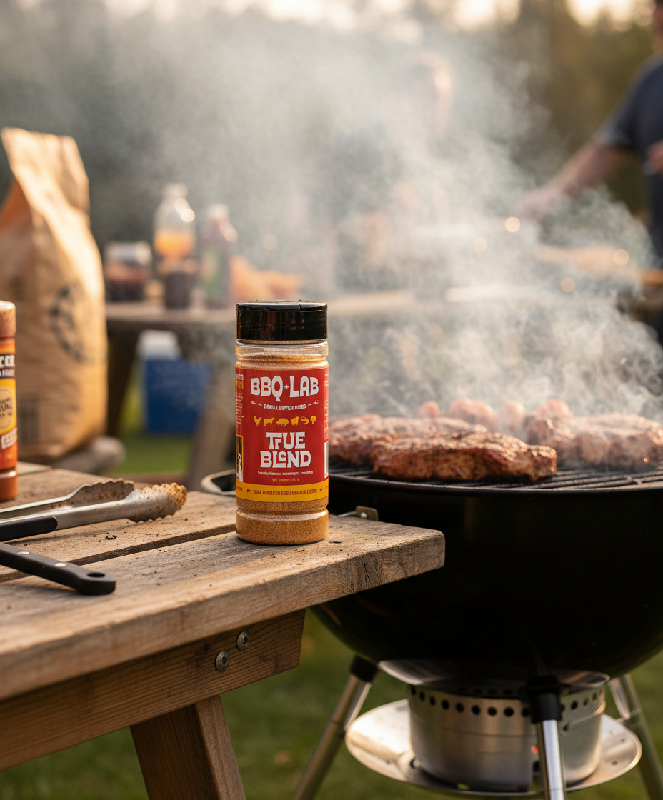BBQ Lab True Blend seasoning jar on a wooden picnic table, next to tongs. In the background, a kettle BBQ with steaks cooking and smoke rising, warm outdoor setting, rustic and inviting.