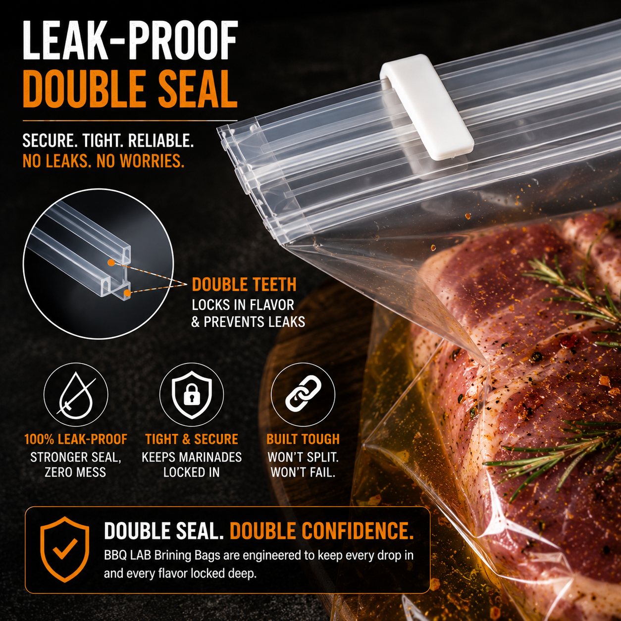 BBQ LAB leak-proof double seal brining and marinating bag with secure locking closure for mess-free food preparation.