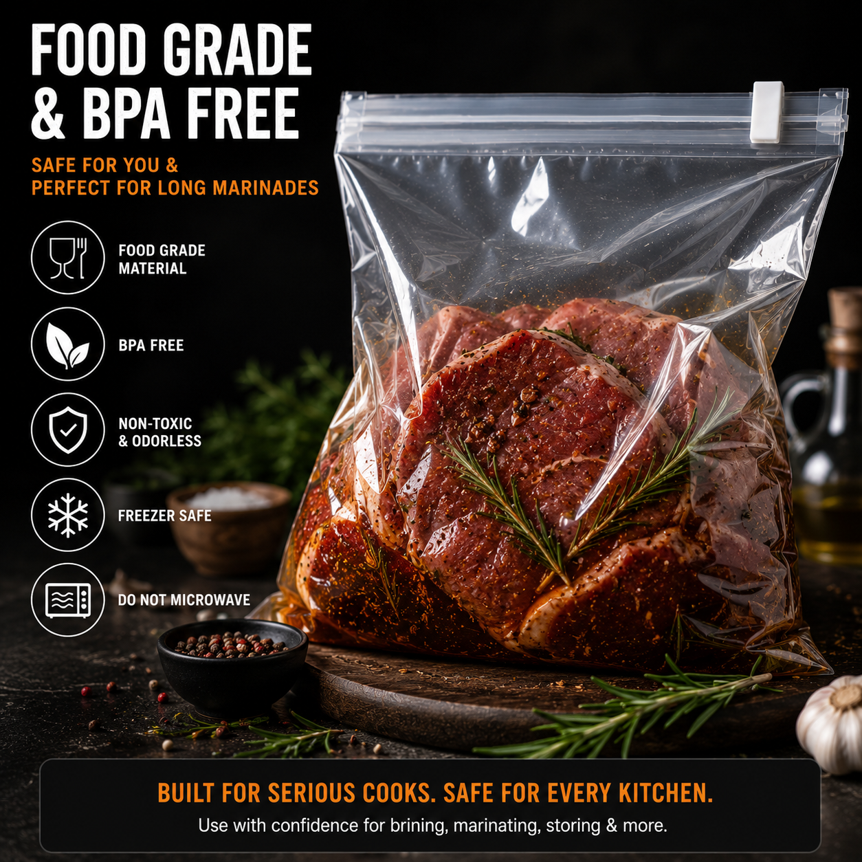 Food-grade BPA-free BBQ LAB brining and marinating bag for storing, brining and marinating meat safely.