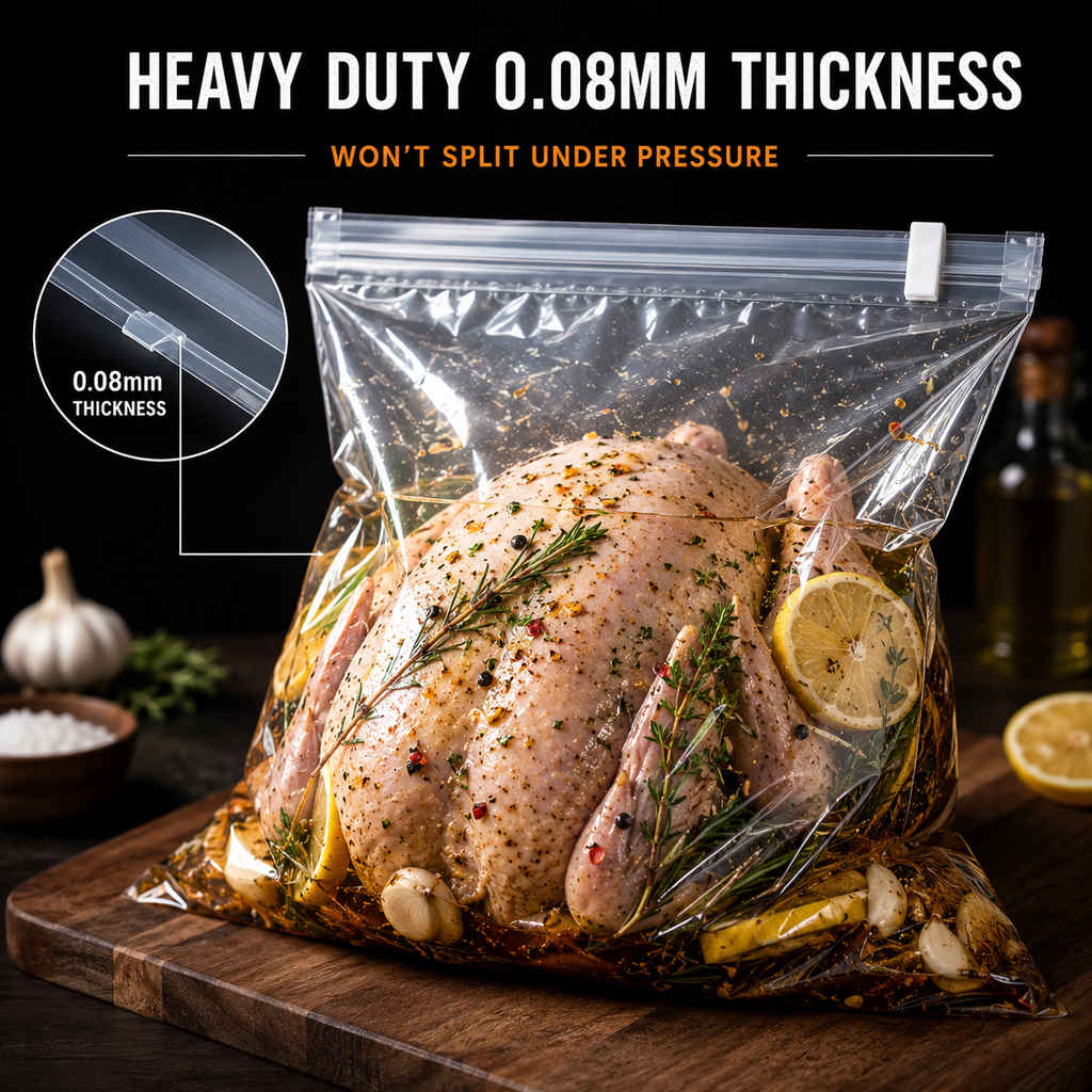 Heavy-duty 0.08mm thick BBQ LAB brining bag designed to prevent splits while marinating large cuts of meat.