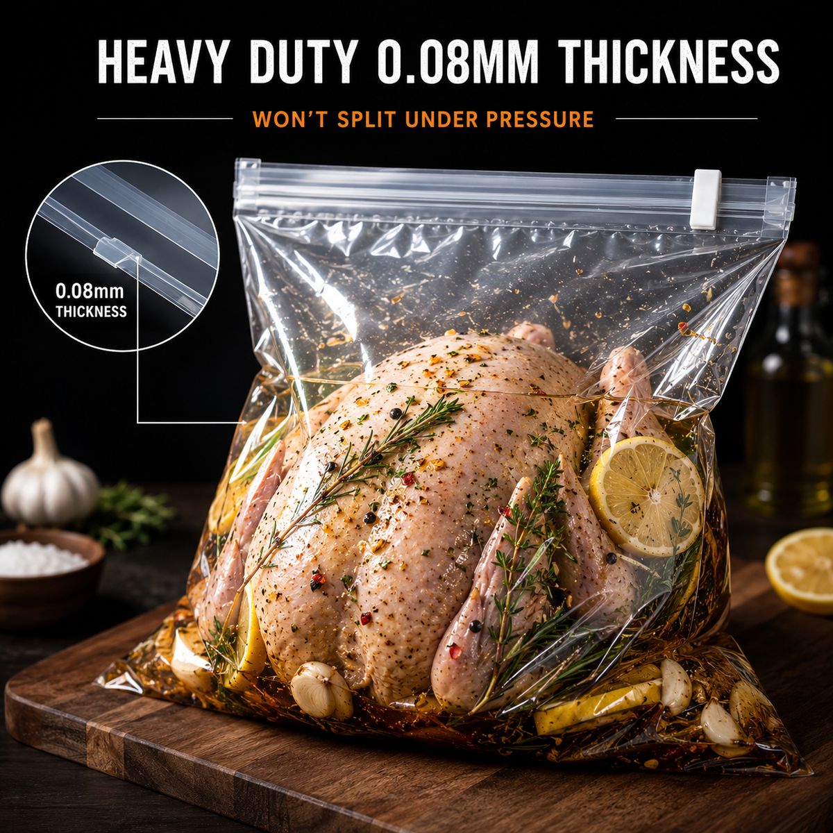 Heavy-duty 0.08mm thick BBQ LAB brining bag designed to prevent splits while marinating large cuts of meat.