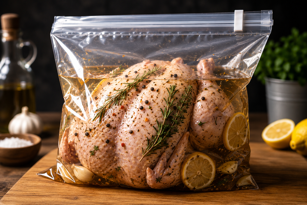 Whole chicken or turkey inside a BBQ LAB extra large brining and marinating bag with herbs and seasoned brine.